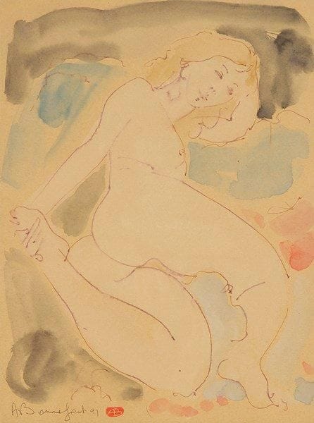 Alain BONNEFOIT (né en 1937)
Femme nue, 1991. Aquarelle. Signée et datée en bas à gauche. 39 x 29 cm