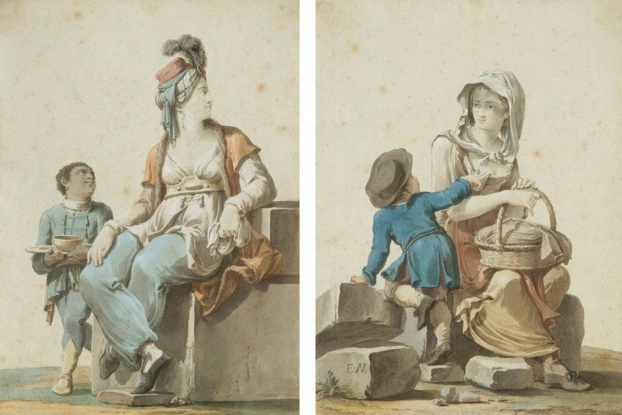 E. M. (Actif au XVIIIe siècle)
Jeune femme orientale et son petit page - La Jeune mère et son petit garçon. Paire d?aquarelles. L?une monogrammée en bas à gauche EM. 29 x 21 cm