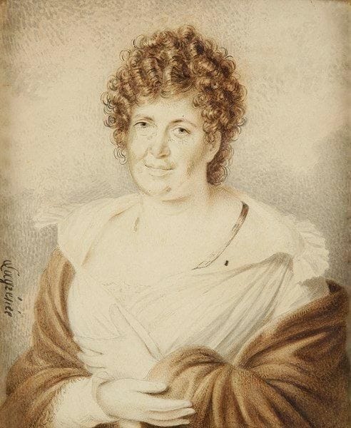 Attribué à Anthelme-François LAGRENÉE (1774-1832)
Portrait de Madame de Staël. Gouache sur ivoire. Signé en bas à gauche LAGRENéE. (Insolé). 15 x 12,5 cm