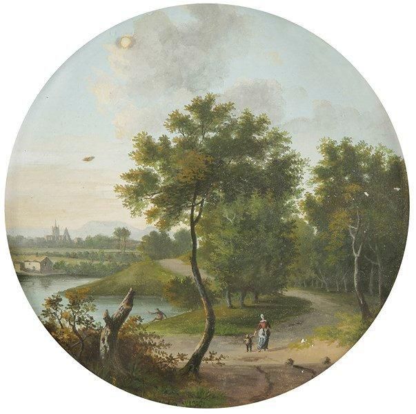 École Française du XIXe siècle
Une femme et son petit enfant se promenant sur une route longeant un lac. Gouache. Diamètre: 14 cm
