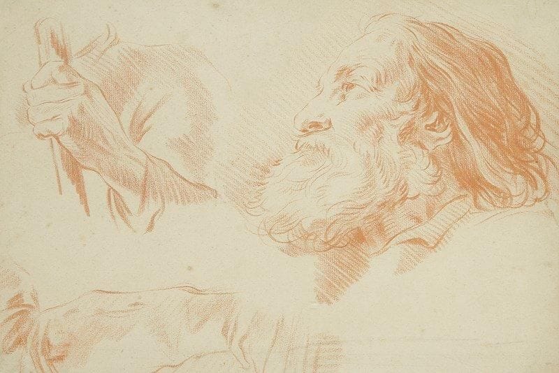 École Française du XIXe siècle
Étude de tête d?homme barbu, d?une main tenant un bâton et d?un bras. Sanguine. 25 x 36 cm