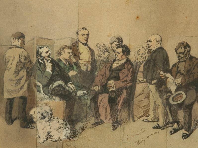 Henry MONNIER (Paris 1799 - 1877)
L?Antichambre. Plume et encre noire, aquarelle et rehauts de blanc sur papier beige. Dédicacée et signée en bas à droite a l?ami Mene/ Henry Monnier. Porte au dos une ancienne étiquette de vente n° 198. 17 x 22,5 cm