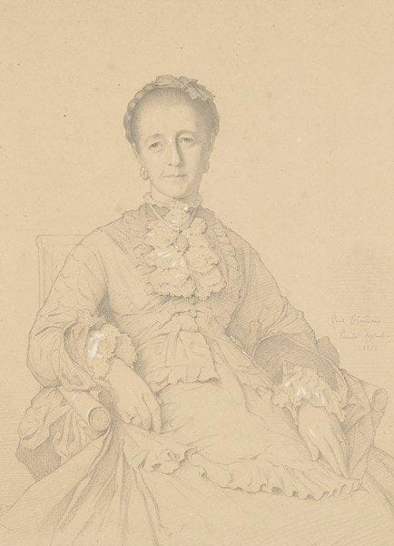 Paul FLANDRIN (Lyon 1811 - Paris 1902)
Portrait de femme assise. Crayon noir. Signé, situé et daté au centre à droite Paul Flandrin/ Pornic septembre/ 1871. 33 x 24 cm. Originaire de Lyon, Paul Flandrin vint à Paris avec son frère Hippolyte. Ils s?inscrivirent à l?école des Beaux-Arts en 1829 et devinrent les élèves d?Ingres. Leurs carrières se confondent jusqu?à la mort d?Hippolyte en 1864. Après le succès de ce dernier, lauréat du prix de Rome en 1832, les deux frères se rejoignirent à Rome où ils retrouvèrent Ingres, alors directeur de la Villa Médicis. Paul y étudia le paysage d?après nature et se lia avec Guillaume Bodinier et Alexandre Desgoffe dont il épousa ensuite la fille Aline. Dessinateur talentueux, il exécuta de nombreux portraits peints ou au crayon. En 1870, fuyant la guerre franco-prussienne, Paul Flandrin quitta Paris pour Angers accompagné de la famille d?Alexandre Desgoffe, puis s?installa à Pornic où il reviendra jusqu?en 1875.