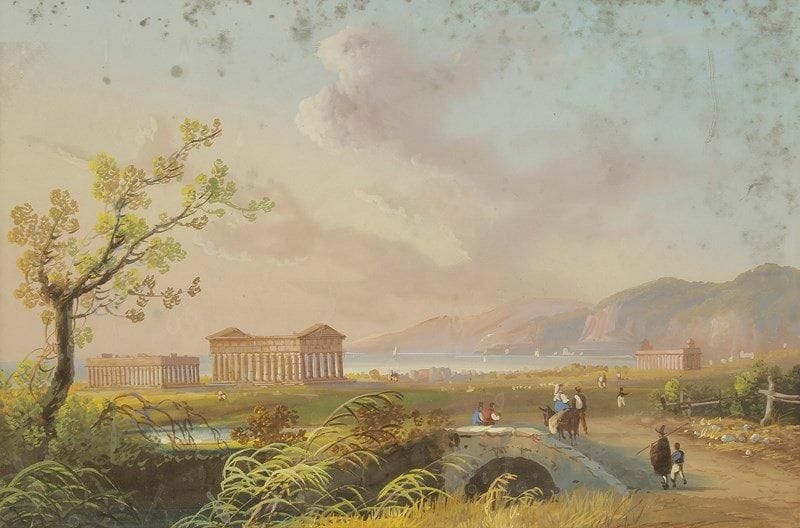 École NAPOLITAINE du XXe siècle
Paysage sicilien avec deux temples. Gouache. 20,5 x 32 cm
