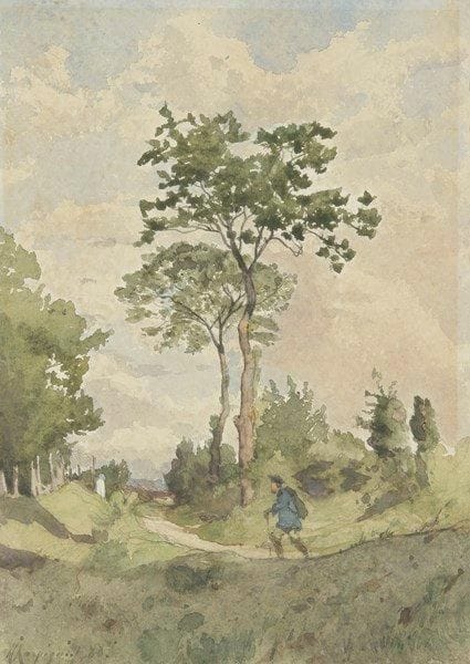 Henri Joseph HARPIGNIES. (Valenciennes 1819 - Saint-Privé 1916)
Un promeneur sur une route de campagne. Aquarelle. Signée en bas à gauche h harpignies. 27,5 x 19 cm. Nous remercions Madame Anne Hellebranth pour la confirmation de l?attribution de ce dessin.