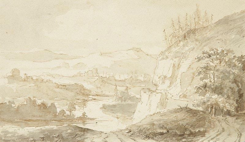 Balthazard-Jean BARON (1788-1869)
Paysage rocheux au cours d?eau. Plume et lavis d?encre sépia sur vergé, collé sur vélin avec filets d?encadrement.. Timbre de l?atelier (Lugt 3709) en bas à droite sur le support. 9,5 x 16,5 cm. Provenance: collection Colette Bidon, avec annotation sur le montage: «Souvenir d?une merveilleuse participation à la redécouverte de Balthazard-Jean Baron, ce dessin exposé à l?abbaye de Brou en 2000 a été préparé pour l?encadrement par Baron lui-même, qui avait ainsi mis en scène une quinzaine de ses dessins. 22/01/2005. Très amicalement, Colette».