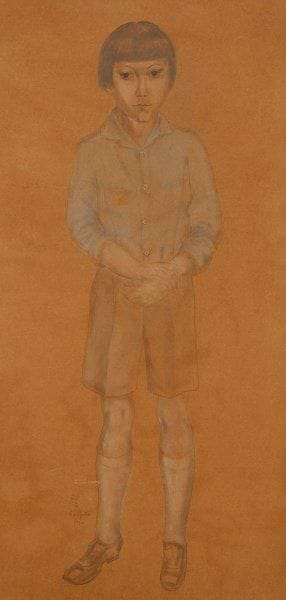 Leonard Tsuguharu FOUJITA (1886-1968)
Portrait en pied de J.-B. Pontalis âgé de six ans, 1930. Dessin à la mine de plomb avec larges rehauts de pastel sur papier exotique teinté ocre. Signé en idéogrammes et en caractères européens puis daté à gauche du modèle en pied.. (Deux déchirures, une de 9 cm au bord gauche et une traversant le feuillet horizontalement en travers du torse du modèle; menus accidents aux bords du feuillet). 103,5 x 50,5 cm. Provenance: Succession du philosophe et psychanalyste J.-B. Pontalis (1924-2013). Nous remercions Madame Sylvie Buisson d?avoir confirmé l?authenticité de cette oeuvre. Bibliographie: le dessin figurera dans la suite du catalogue raisonné de l?oeuvre de Foujita actuellement en préparation.