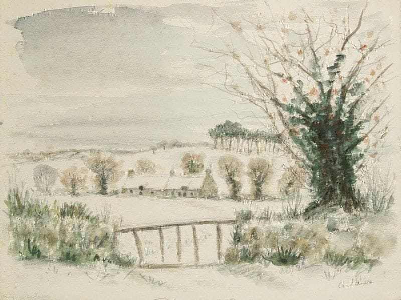 Jean FRÉLAUT (1879-1954)
Neige en Bretagne, vers 1920. Dessin à l?aquarelle et à la mine de plomb sur vélin fort. Titré et signé à la mine de plomb. (Infimes rousseurs claires).. 31,5 x 42 cm. Provenance: Galerie Marcel Guiot, Paris.