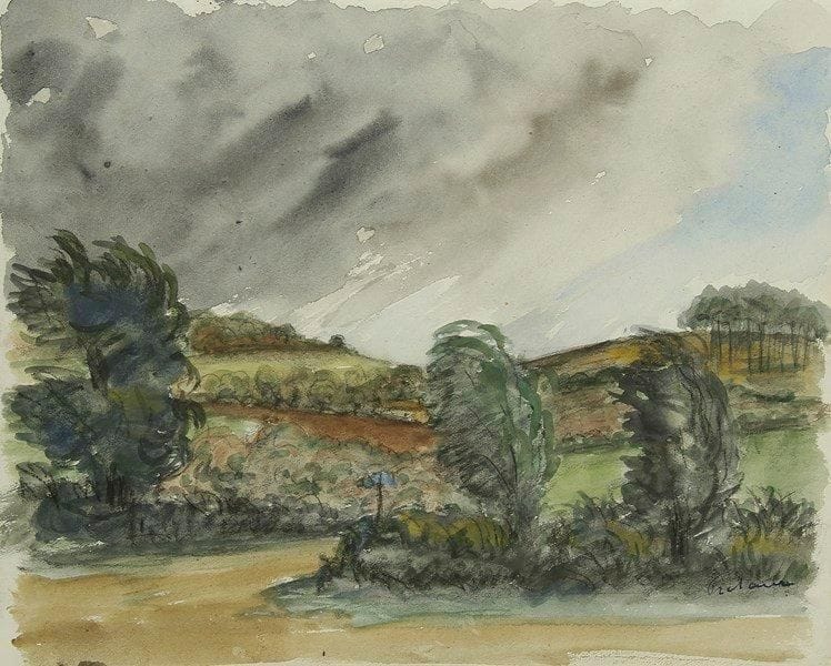 Jean FRÉLAUT (1879-1954)
L?Orage. Dessin à l?aquarelle et traits de pierre noire sur vélin mince. Signé à l?encre bleue en bas à droite. 20,8 x 26 cm. Provenance: Galerie Marcel Guiot, Paris.
