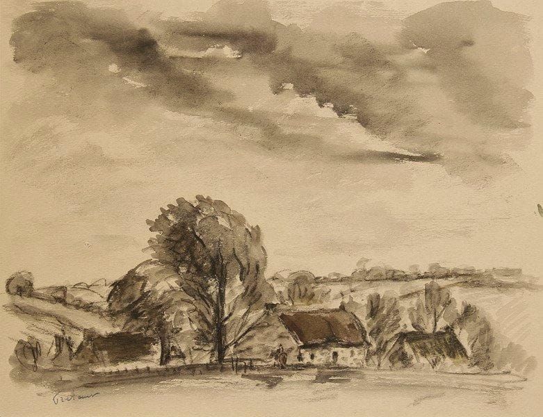 Jean FRÉLAUT (1879-1954)
Paysage. Dessin à la pierre noire et au lavis d?encre sur vélin chamois. Signé à l?encre bleue en bas à gauche. 24,5 x 31,8 cm. Provenance: Galerie Marcel Guiot, Paris.