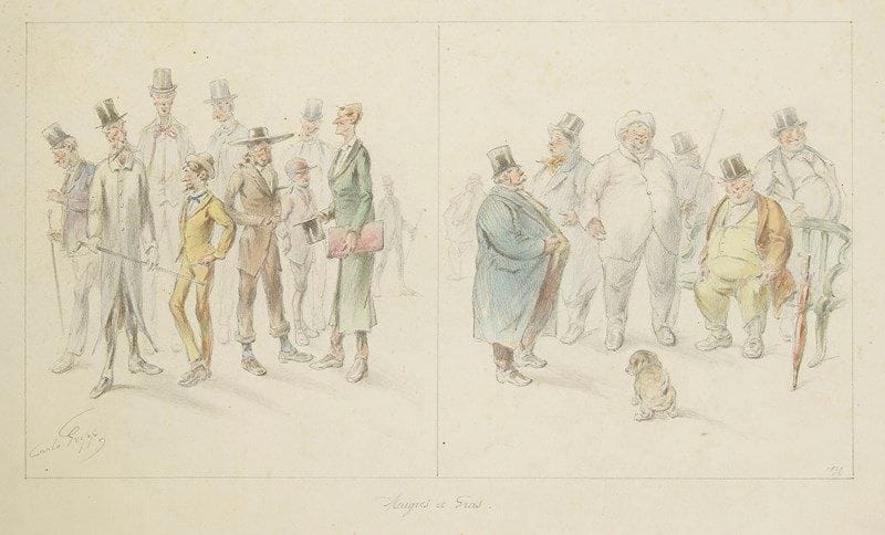 Carlo GRIPP (Charles Tronsens, dit) (1830-?)
Maigres et gras, 1892. Dessin à la mine de plomb et à l?aquarelle sur vélin.. Signé et daté à l?intérieur du filet d?encadrement, puis légendé sous le sujet. (Rousseurs claires).. 32,5 x 50 cm