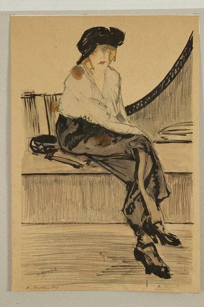 Maurice-Henri HENSEL (1890-?)
À Montmartre (femme en chapeau assise), vers 1900. Dessin à l?encre de chine, à l?aquarelle et à la pierre noire sur vélin chamois. Signé en bas à gauche et revêtu de deux inscriptions à l?encre sépia en pied.. (Nombreux courts plis cassés de manipulation. Plusieurs larges taches huileuses dans le sujet. Petite déchirure en pied. Épidermures au verso). 57 x 38 cm