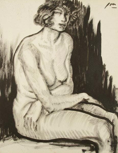 Louis JOU (1882-1968)
Grand nu assis, vers 1930. Dessin à l?encre de chine et au pinceau sur vélin crème. Signé en haut à droite. (Petites traces de rouille en pied et restes de colle aux bords du feuillet au verso). 56,5 x 44 cm