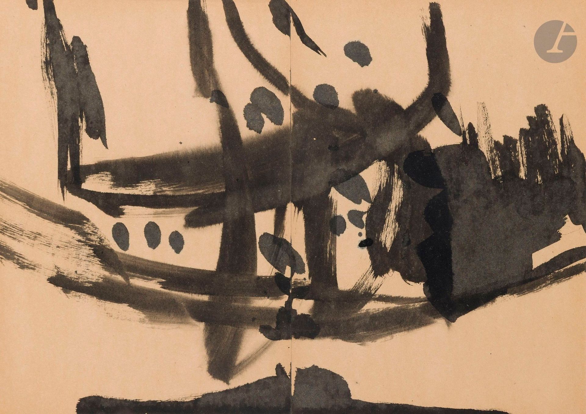 T'ANG HAYWEN [Chinese] (1927-1991)
Untitled, circa 1976
Ink on paper - Diptych.
Unsigned.
29.5 x 41.5 cm

Provenance : 
Mes Pichon &amp; Noudel-Deniau sale, Cannes, October 24, 2019, n° 100.

This work will be included in the Catalogue Raisonné of T'ang Haywen being prepared by T'ang Haywen Archives and M. Philippe Koutouzis under the number MDENS-KY-8.