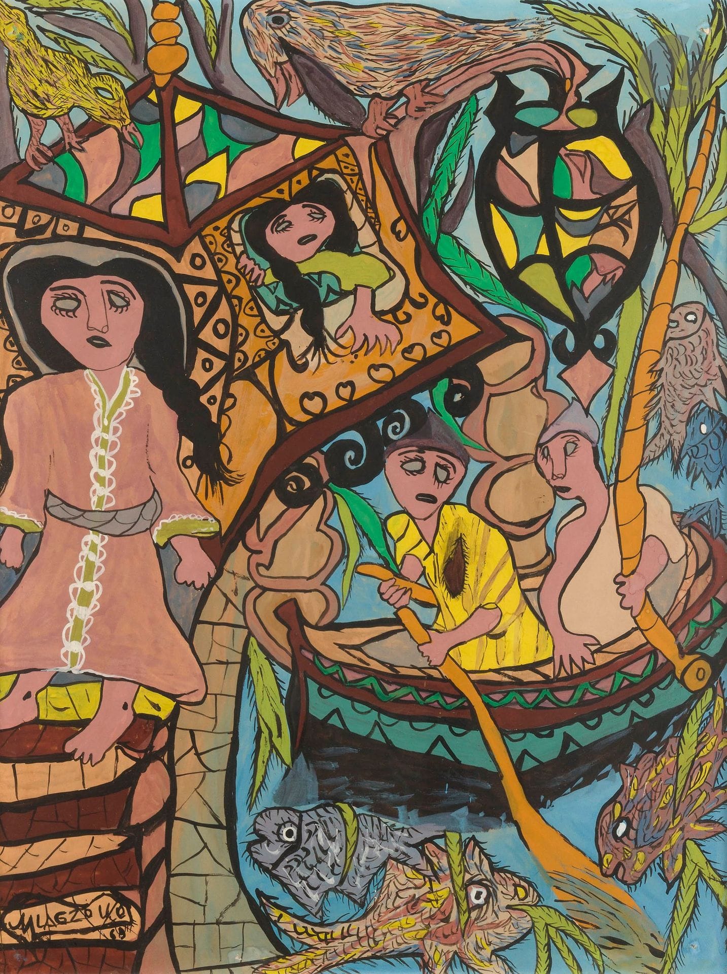 Mohamed LAGZOULI [marocain] (1937-2015)
Scène au bord d'une rivière, 1968
Gouache sur papier.
Signée et datée en bas à gauche.
(Petites déchirures).
64 x 49 cm