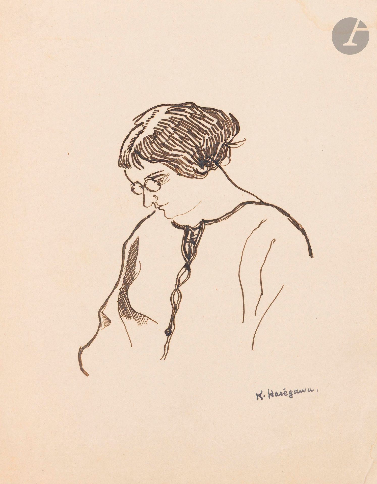 Kiyoshi HASEGAWA [Japanese] (1891-1980)
Young woman with glasses
Ink.
Studio stamp lower right.
(Small crease and stain in margin).
22 x 17.5 cm