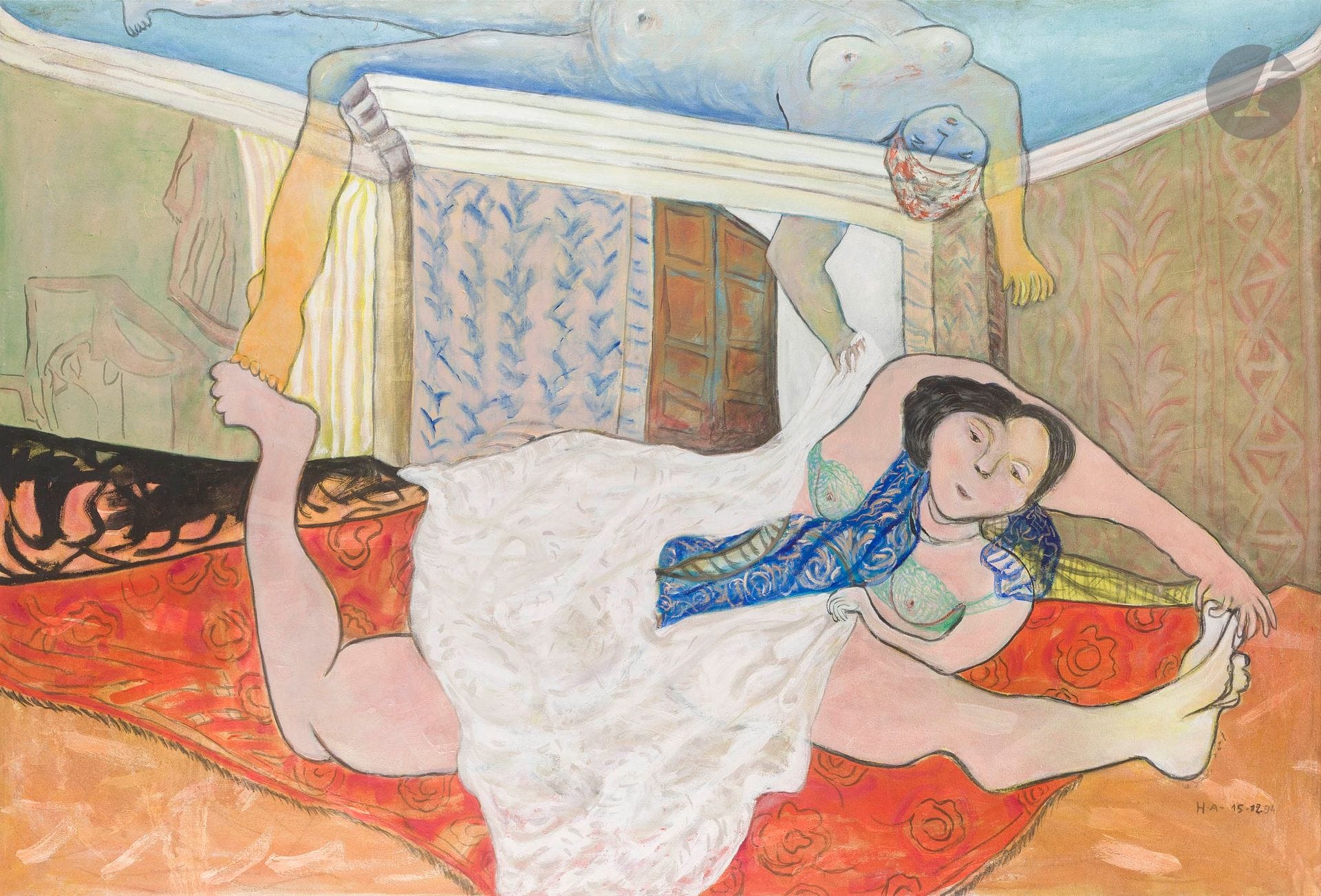 Ahmed HAJERI [tunisien] (né en 1948)
L'Héritage, 1994
Huile sur toile.
Monogrammée et datée en bas à droite.
Signée, datée et titrée au dos.
120 x 176 cm
