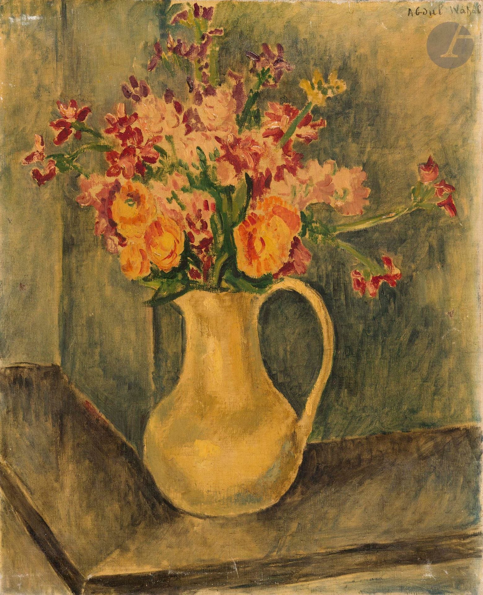 Jilani ABDUL WAHAB dit ABDUL [tunisien] (1889-1961)
Bouquet de fleurs, vers 1920
Huile sur toile.
Signée en haut à droite.
62 x 50 cm

Provenance :
- Collection de Thérèse Hummel, amie de Modigliani.

Jilani Abdelwaheb (1889-1961), dit Abdul, naît à Salammbô en 1889. Il nourrit très tôt l’ambition de devenir peintre. Il étudie
au prestigieux collège d’Eton, à Brighton, en Angleterre, avant de s’installer à Paris en 1911, où il fréquente l’atelier de JeanPaul Laurens. En 1912, il devient le premier Tunisien à exposer au Salon Tunisien, ouvert au Palais des Sociétés françaises,
présentant à cette occasion trois tableaux.
Dans les années 1920, il participe également au Salon d’Automne et au Salon des Tuileries. Ami fidèle de Modigliani, qui
réalise son portrait en 1916, il côtoie aussi Picasso, Ortiz de Zárate, Papazoff, Cingria et Pascin.
Aujourd’hui très rares sur le marché, ses œuvres ont pour la plupart été léguées par son épouse, Beppo, à la cité de Villa del
Río, près de Cordoue, en Andalousie. En 1984, la Tunisie lui rend hommage en éditant un timbre reproduisant une vue de
Villeneuve-lez-Avignon, presque identique à celle de notre tableau.