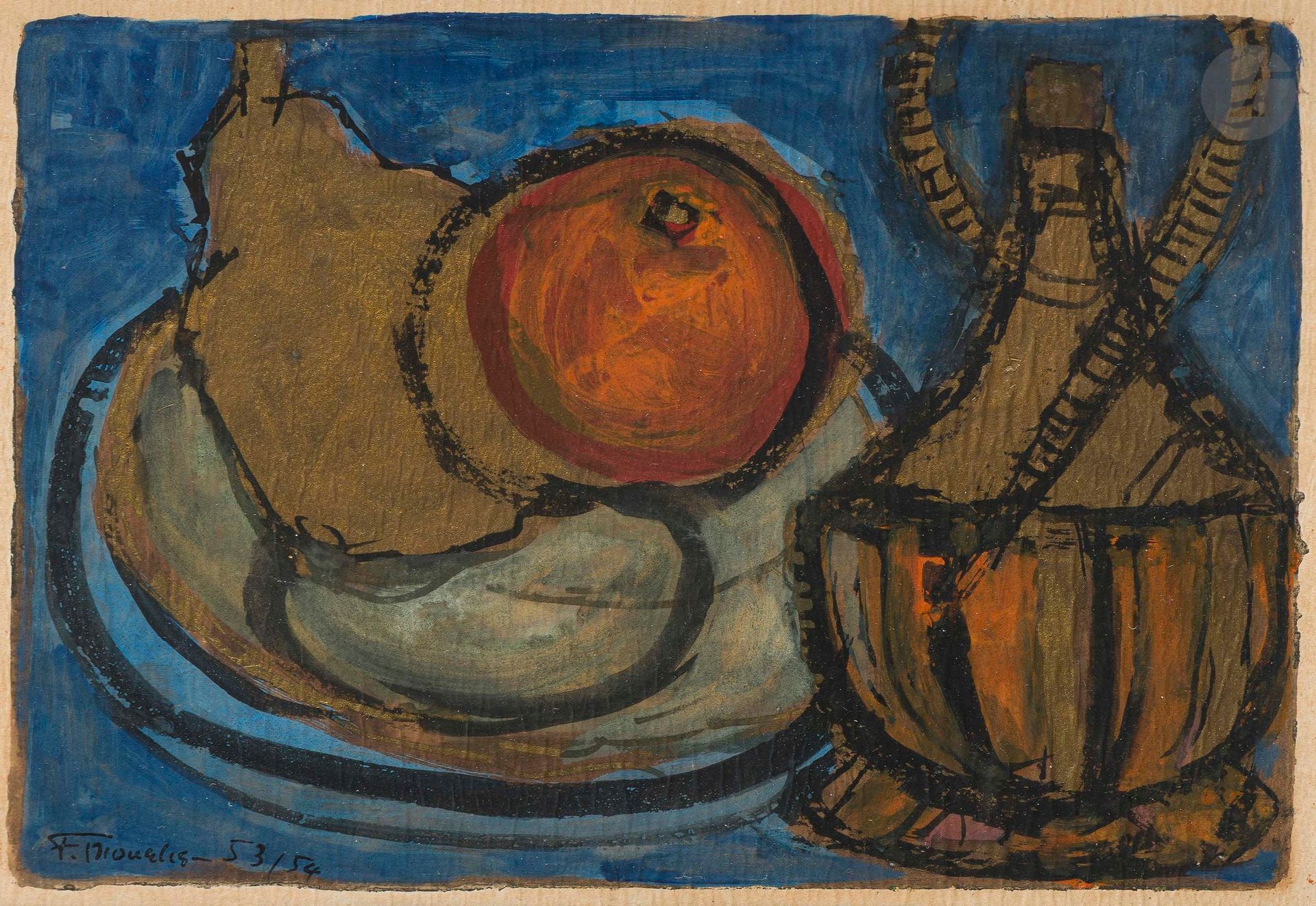 Fikret MOUALLA [Turkish] (1905-1968)
Still life with fruit and bottle, 1953-54
Gouache and gold paint on paper.
Signed and dated lower left.
16.5 x 23 cm