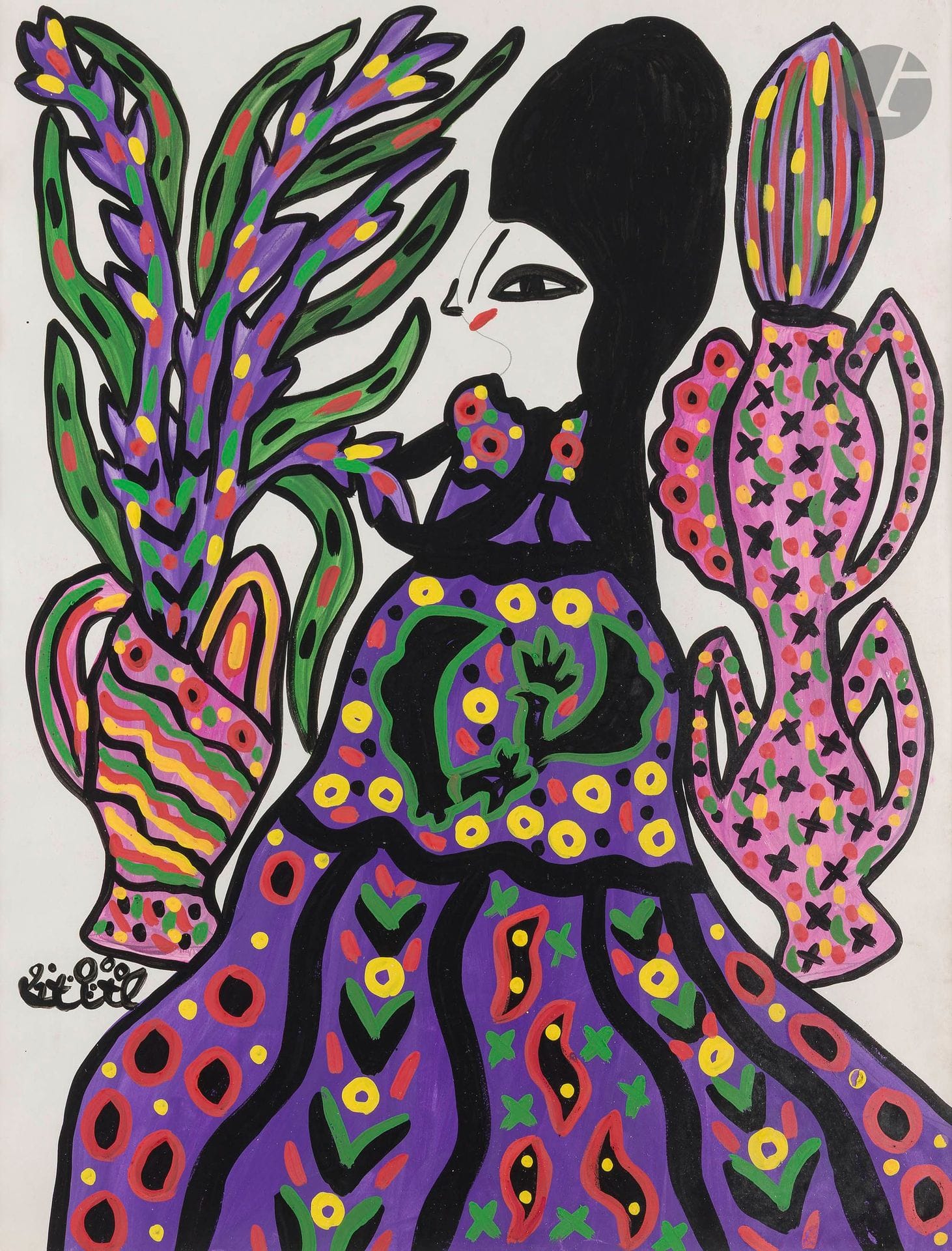 Fatma HADDAD dite BAYA [Algerian] (1931-1998) 
Woman with two vases, 1991
Gouache on paper.
Signed and dated lower left.
Signed on the back.
63.5 x 48.5 cm

Provenance : 
Private collection, acquired directly from the artist. By descent.