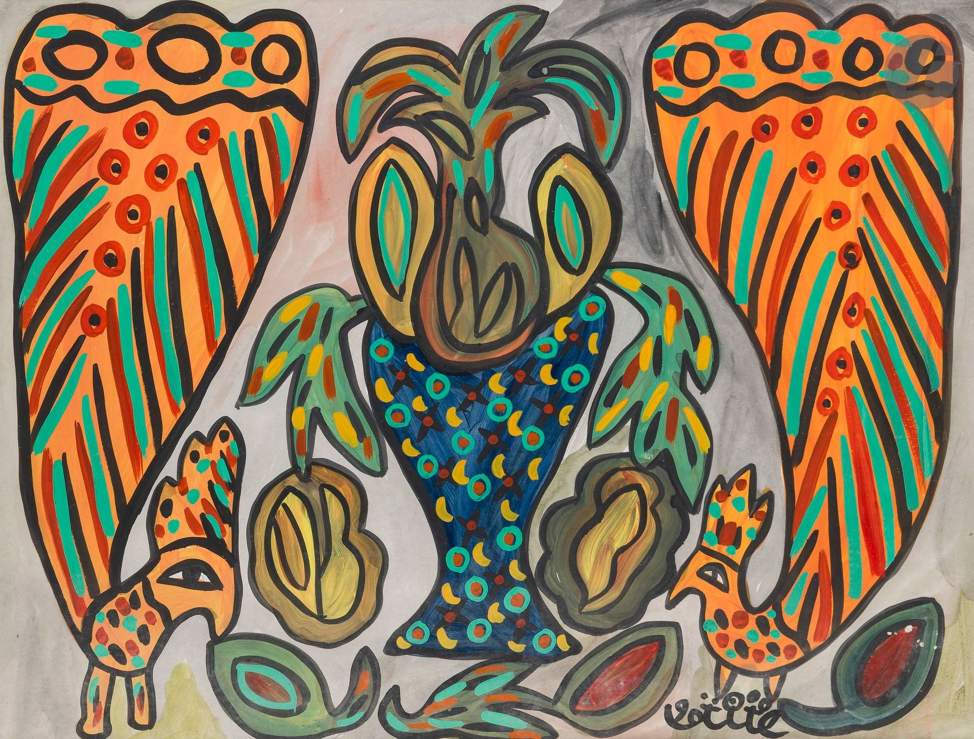Fatma HADDAD dite BAYA [Algerian] (1931-1998) 
Fruit bowl and birds, 1990
Gouache on paper.
Signed and dated lower right.
Signed on the back.
(Slightly missing).
48.5 x 63.5 cm

Provenance : 
Private collection, acquired directly from the artist. By descent.