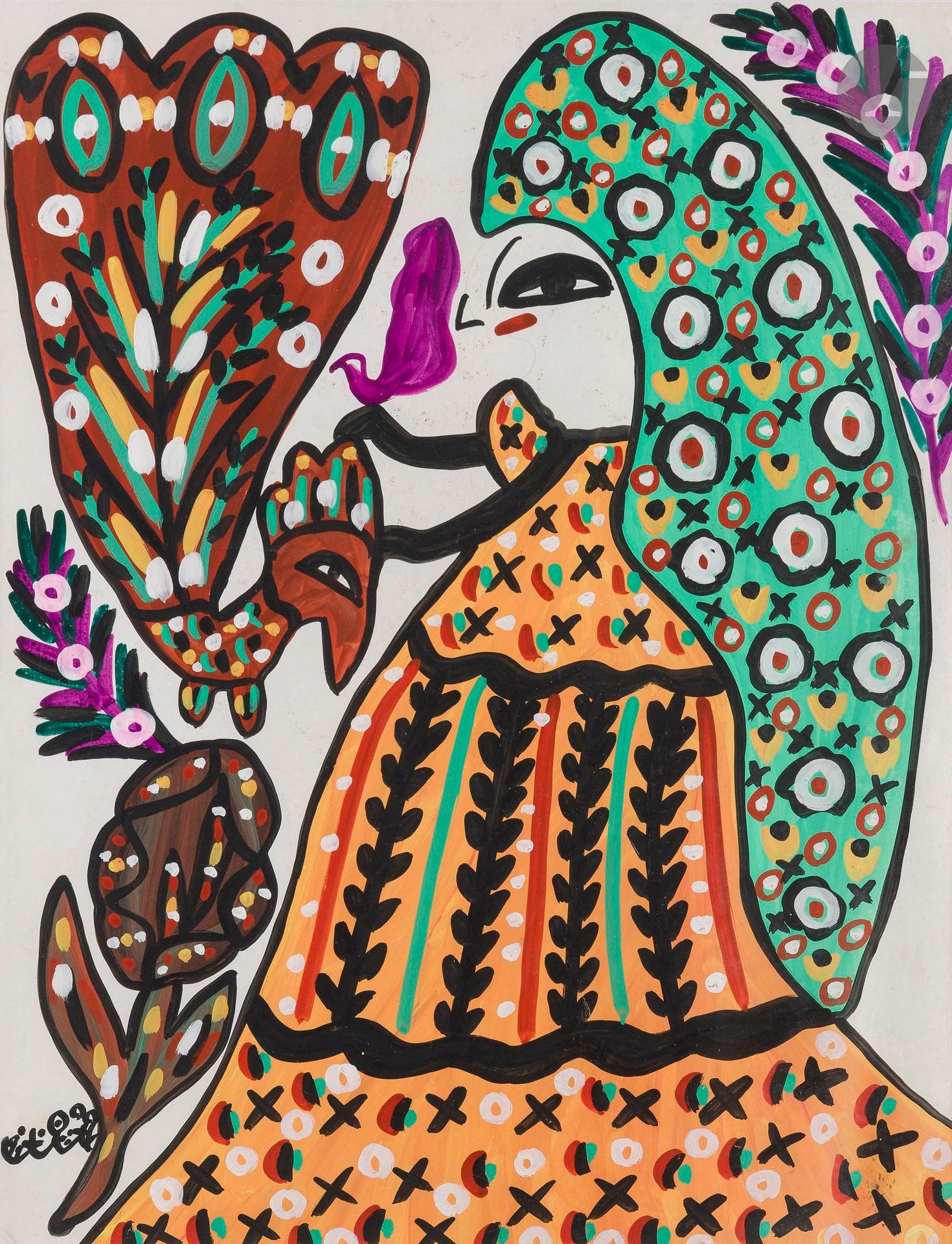 Fatma HADDAD dite BAYA [algérienne] (1931-1998) 
Femme aux oiseaux, 1991
Gouache sur papier.
Signée en bas à gauche.
Signée au dos.
63,5 x 48,5 cm

Provenance : 
Collection particulière, acquis directement auprès de l'artiste. Par descendance.