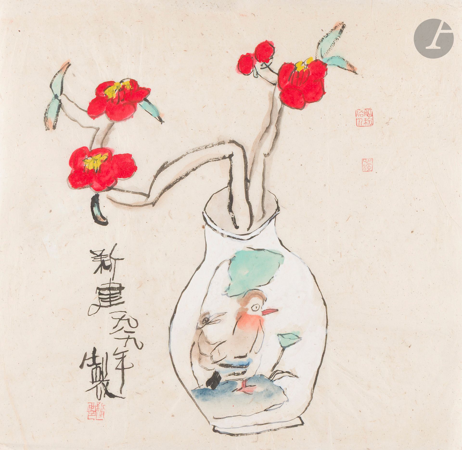 ZHU Xinjian [chinois] (1953-2014)
Fleurs dans un vase
Gouache et encre sur papier japon.
Timbres rouges de l'artiste.
(Plis).
49 x 51 cm 

Provenance :
Collection particulière. Acquis directement auprès de l'artiste.