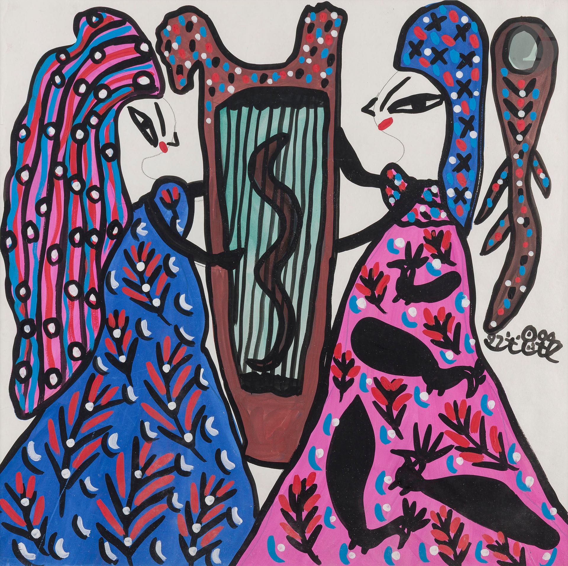 Fatma HADDAD dite BAYA [algérienne] (1931-1998) 
Deux femmes à la harpe, 1992
Gouache sur papier.
Signée et datée à droite.
Signée au dos.
49 x 49 cm

Provenance : 
Collection particulière, acquis directement auprès de l'artiste. Par descendance.