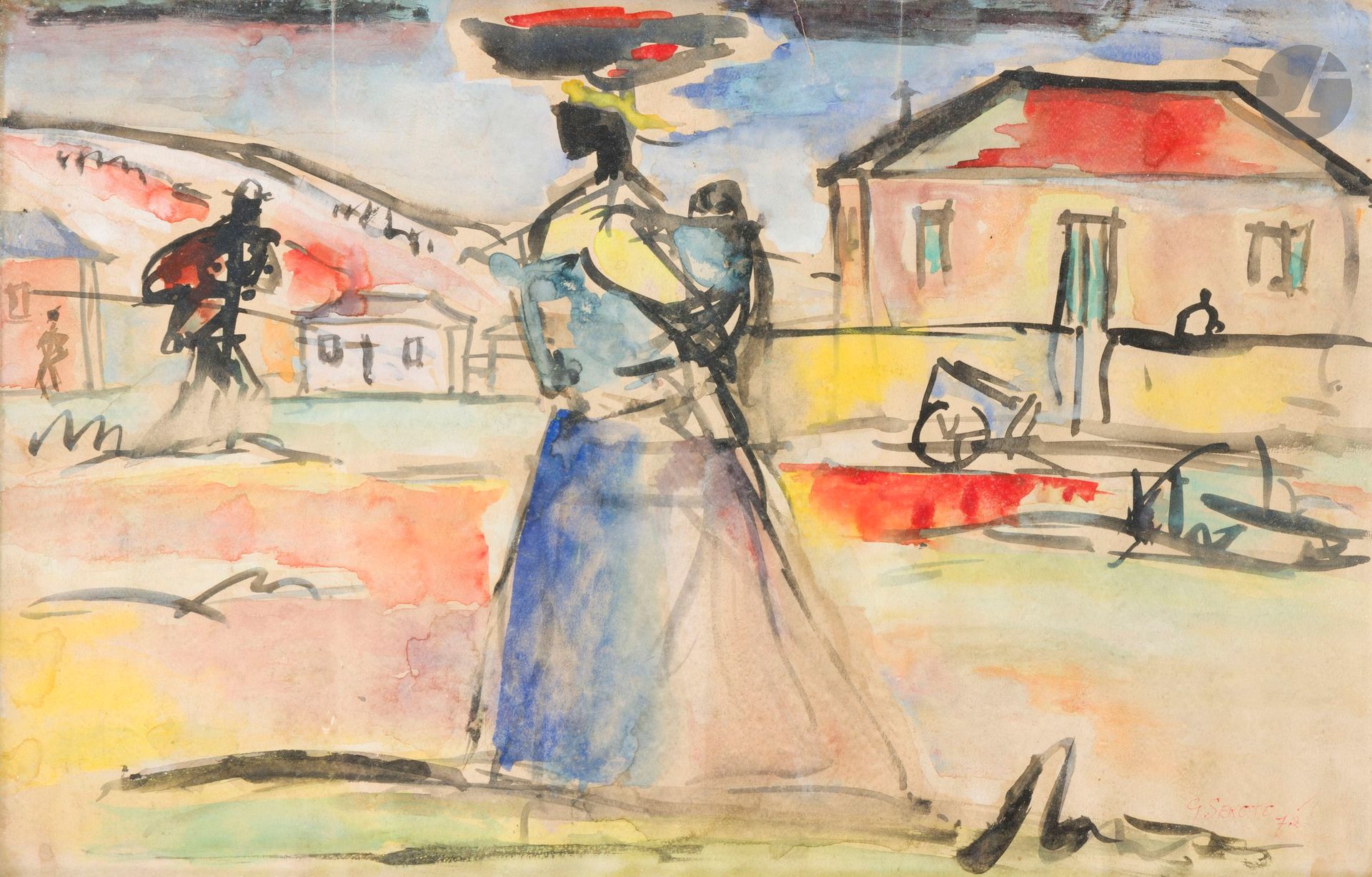 Gérard SEKOTO [sud-africain] (1913-1993)
Femme au village, 1972
Aquarelle.
Signée et datée en bas à droite.
31,5 x 48,5 cm