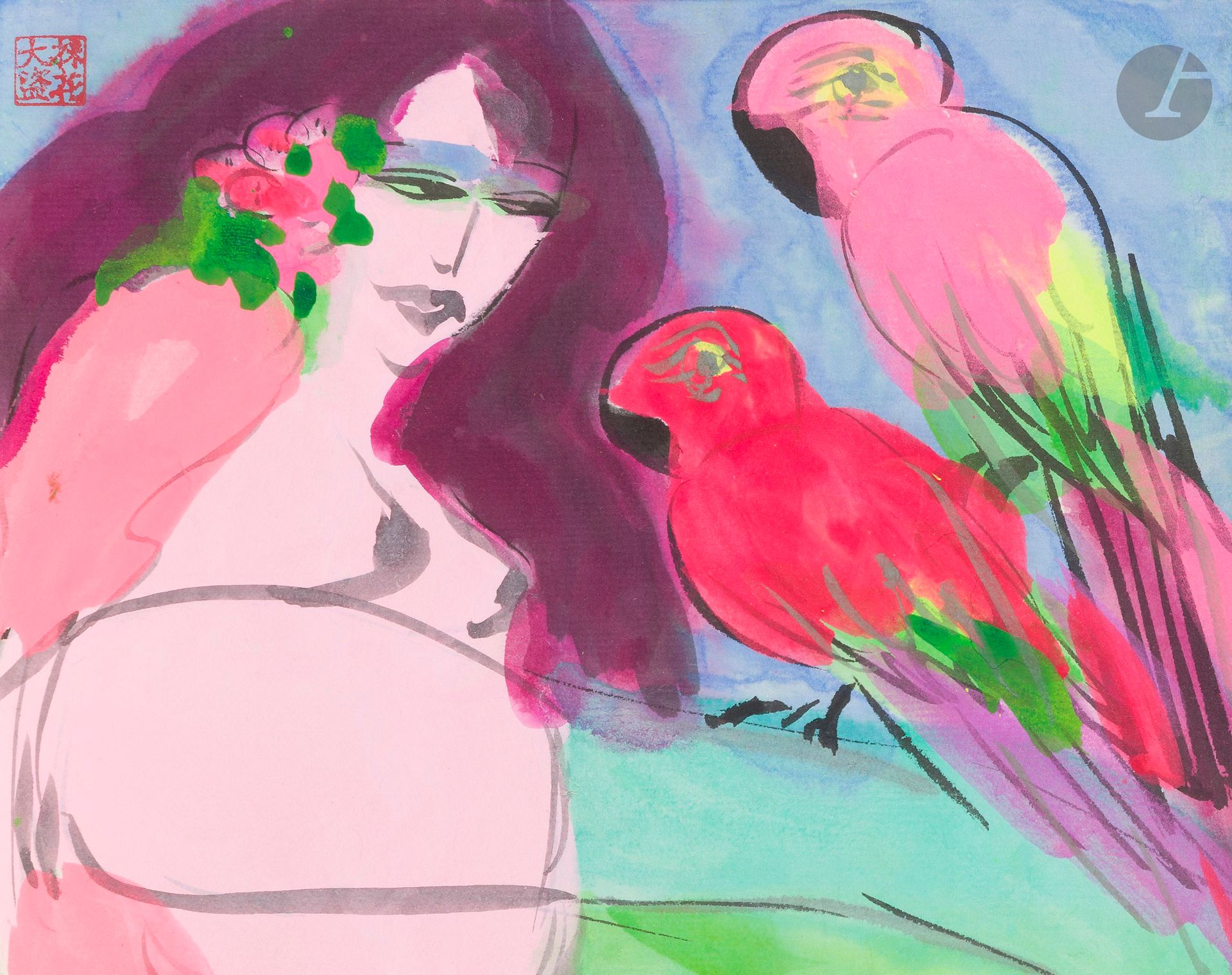 Walasse TING [Chinese American] (1929-2010)
Woman with parrots
Ink and watercolor on rice paper.
Artist's red stamp upper left.
16.3 x 20.5 cm