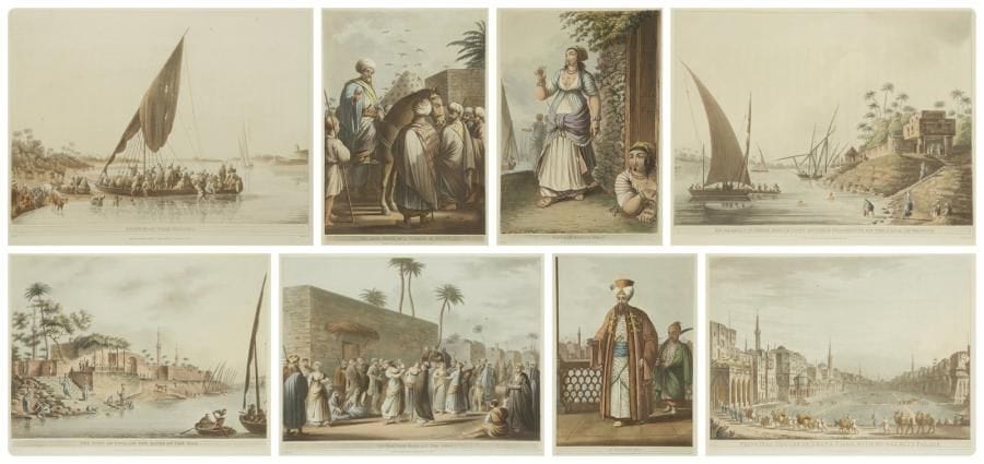 Luigi Mayer (1755-1803) d?après, fin du XVIIIe siècle
Neuf vues d?Égypte. Lithographies intitulées: «Egyptian Dancing Girls", "Ferry Boats near Nedssili", "An Arabian Summer House upon Antique Fragments on the Canal of Menouf", "An Arab Sheik of a Village in Egypt", "The Town of Foua, on the Banks of the Nile", "Principal Square in Grand Cairo, with Murad Bey?s Palace", "An Egyptian Bey", "Egyptian Ball at Ned Sili", "An Egyptian Fair at Kafr Radoin". Dim. à vue: 33 x 21,5 cm, 22,5 x 30,5 cm, 32 x 22 cm, 31 x 23 cm Nine watercolour lithographies of Egypt, after Luigi Mayer?s collection (1755-1803), end of 18th century