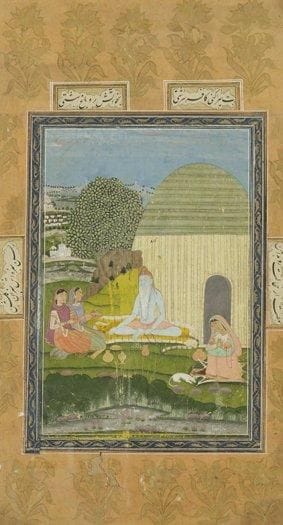 Visite à l?ascète Nârû, Inde, Deccan, deuxième moitié du XVIIIe siècle Gouache, sur page d?album à encadrement fleuri de palmes dorées sur fond bleu et aux marges saumonées de liliacées dorées, scandées de quatre cartouches poétiques en nasta?liq. L?ascète assis sur une peau de tigre devant sa hutte reçoit les offrandes de deux femmes qui lui tendent une coupe de fruits. Une disciple est assise à ses côtés, un chapelet à la main, et est accompagnée d?un petit chien blanc. L?ascète est identifié par une inscription au-dessus de sa tête. Dim. page à vue: 43 x 23 cm; Dim. miniature: 24 x 16 cm Ancienne collection Roger Van Moppes, Vente publique, P. Bergé, Paris, 15 octobre 2005, n°53. A group of women meeting with wise Nârû, India, Deccan, second half of 18th century