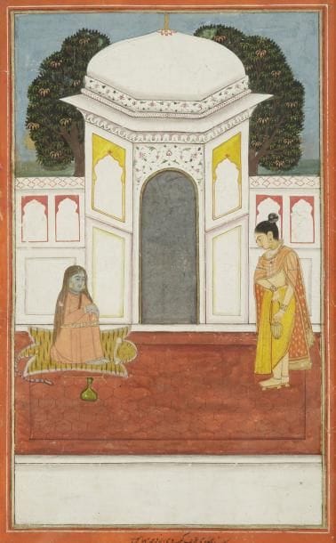 Sand Hori visite une jeune ascète civaïte, Rajasthan, Bikaner, début du XVIIIe siècle Gouache sur page d?album aux marges rouges. Sur la terrasse en briques rouges d?un pavillon blanc coiffé d?un dôme, Sand Hûrî s?avance, un chapelet et une lota à la main. L?ascète à la peau cendrée est assise sur une peau de tigre, les jambes attachées par un yogapatta. Le soleil se lève derrière les arbres qui encadrent le pavillon. Inscription nasta?liq identifiant la scène dans la marge inférieure, donnant «Sand Hûrî ?araf kîsrawî zûgeh behâs». Dim. miniature: 25 x 14,5 cm Publiée dans: M. C. David et J. Soustiel, Miniatures orientales de l?Inde, I, Exposition galerie J. Soustiel, Paris, 1973, n°74 Sand Hori meeting with a young Civaïte, Rajasthan, Bikaner, early 18th century