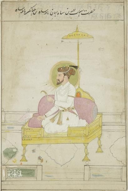 L?empereur Shâh Jahân sur son trône, Inde du nord, art moghol, XIXe siècle Dessin sur papier rehaussé de gouache. Sur la terrasse d?un pavillon, l?empereur Shâh Jahân est assis sur un trône, une aigrette et un morchal à la main. Le dessin est surmonté d?une inscription nasta?liq identifiant le personnage, et traduction en hindi au revers. Dim. à vue: 18 x 11,5 cm Shâh Jahân on his throne, North India, Mughal style, 19th century