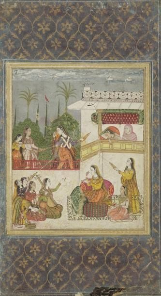 Festival du Holi, fête du printemps, Deccan Hyderabad, début du XIXe siècle Gouache sur page d?album aux marges aubergine aux mandorles fleuries dorées. Dans un palais, un groupe de jeunes femmes célèbrent la fête du Holi. Au premier plan, une princesse appuyée sur des coussins écoute des musiciennes, tandis que ses suivantes jouent à s?asperger d?eau de rose avec d?autres jeunes femmes sur une terrasse. Au balcon du palais, une autre est assoupie, à côté de sa duègne. La scène est identifiée par une inscription qui donne «basant», «la fête», et une autre qui mentionne le nom d?une des jeunes femmes «Mahrânî Behr Putûr». Au verso, quatrain poétique nasta?liq à l?encre noire, inscrit en réserve dans des nuages dentelés sur fond doré fleuri de quadrilobes, encadré par quatre lignes de texte dans des marges grenat à rinceaux dorés. Dim. page: 44,5 cm Dim. miniature: 23,5 x 18,5 cm Holi festival (spring festival), Deccan, Hyderabad, begining of 19th century