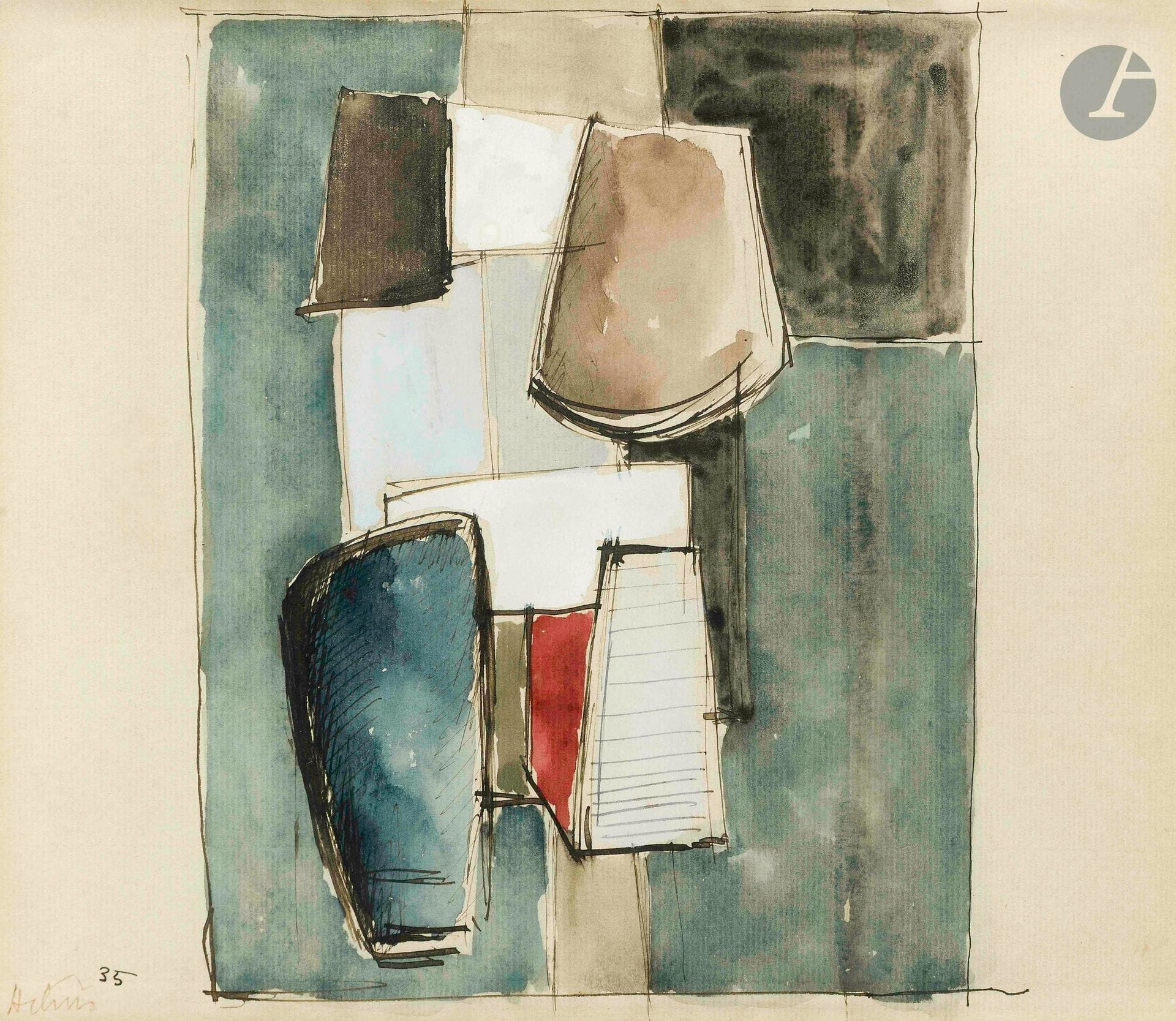 Jean HÉLION (1904-1987)
Figure, 1935
Gouache, encre et lavis d'encre.
Signée et datée en bas à gauche.
Tampon de l'inventaire n° 03914, cat. A au dos.
22,5 x 32 cm

Provenance : 
- Vente Me Guy Loudmer, Paris, Hôtel Drouot, 29 juin 1994, n° 12.
- Vente Artcurial, Paris, 31 mai 2017, n° 104.

Cette œuvre sera incluse au Catalogue Raisonné de l'œuvre sur papier de Jean Hélion en préparation par l'Association Jean Hélion (Clovis Vail et Mark Vail).
