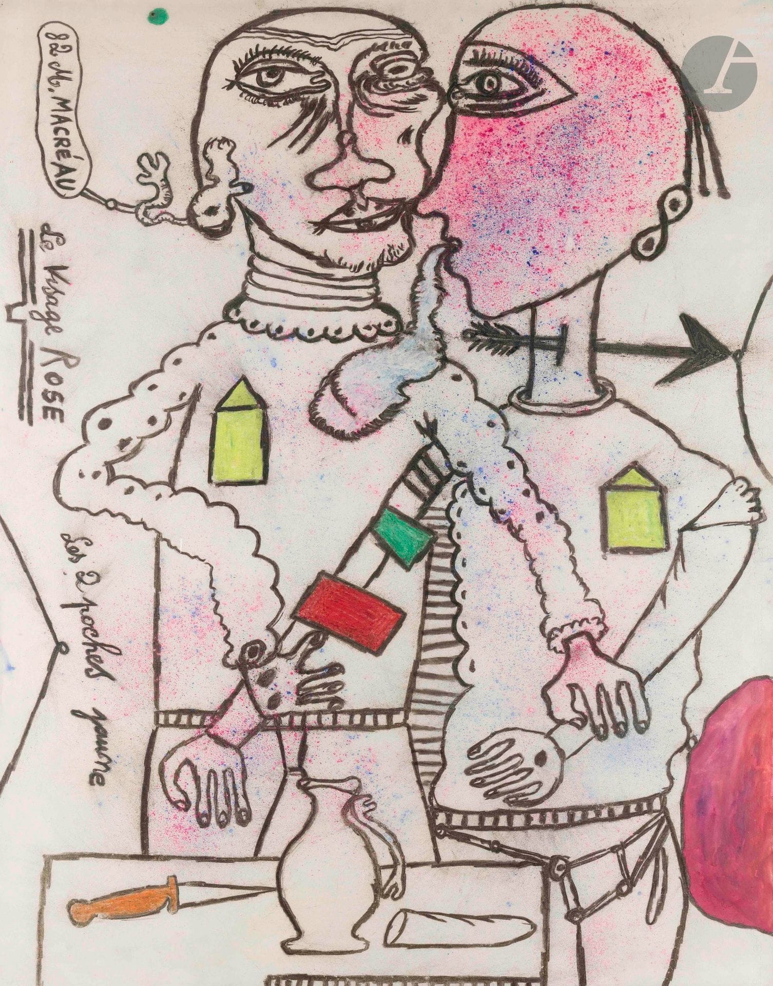 Michel MACRÉAU (1935-1995)
Le Visage rose, les 2 poches jaunes, 1982
Technique mixte sur papier.
Signée, datée et titrée dans la composition.
107 x 55 cm

Un certificat du Comité Michel Macréau sera remis à l'acquéreur.