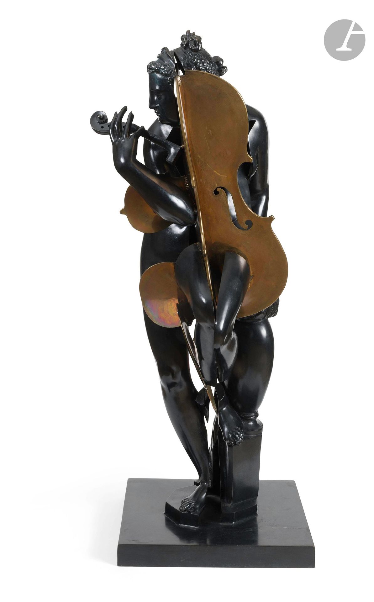 Armand FERNANDEZ known as ARMAN (1928-2005)
Untitled (Venus/Nymph), 2004
Venus in green patina bronze, cut out, with elements of a cello in polished bronze also cut out, on an integrated square base in green patina bronze.
Signed on the base.
Numbered EA III/IV on the cello.
135.5 x 54 x 62 cm

Provenance : 
Galerie Mickael Marciano, Paris. 

This work is registered in the Archives de l'atelier Arman under number: APA# 8309.04.001.
A certificate from Galerie Mickael Marciano dated March 8, 2009 will be given to the buyer.
