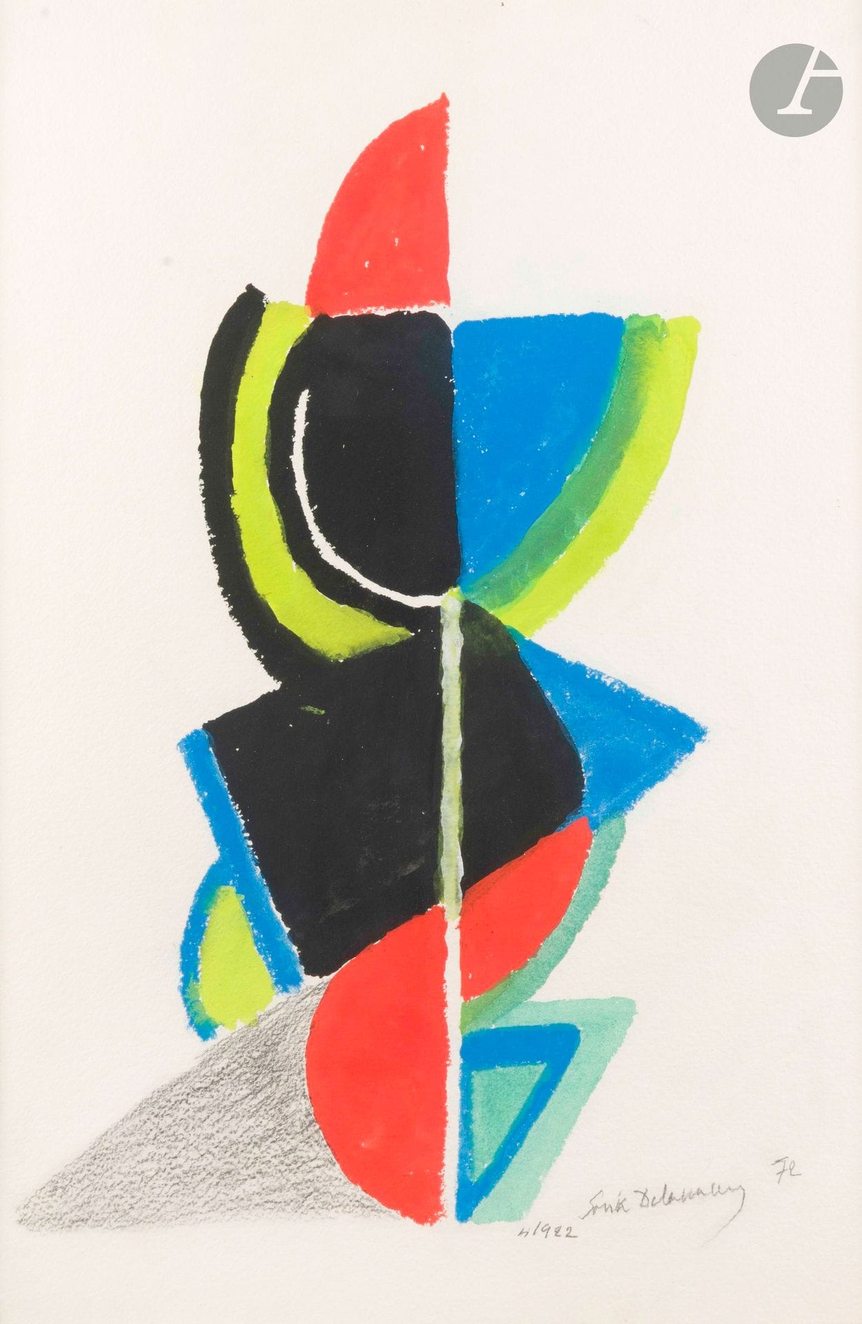 Sonia DELAUNAY-TERK (1885-1979)
Rythme couleur n° 1922, 1972
Gouache et fusain.
Signée, datée et numérotée en bas à droite.
53 x 35 cm

Provenance :
Collection particulière, Paris. Acquis directement auprès de l'artiste.
 
Un certificat de Sonia Delaunay, en date du 30 janvier 1974, sera remis à l'acquéreur (erreur de dimensions).