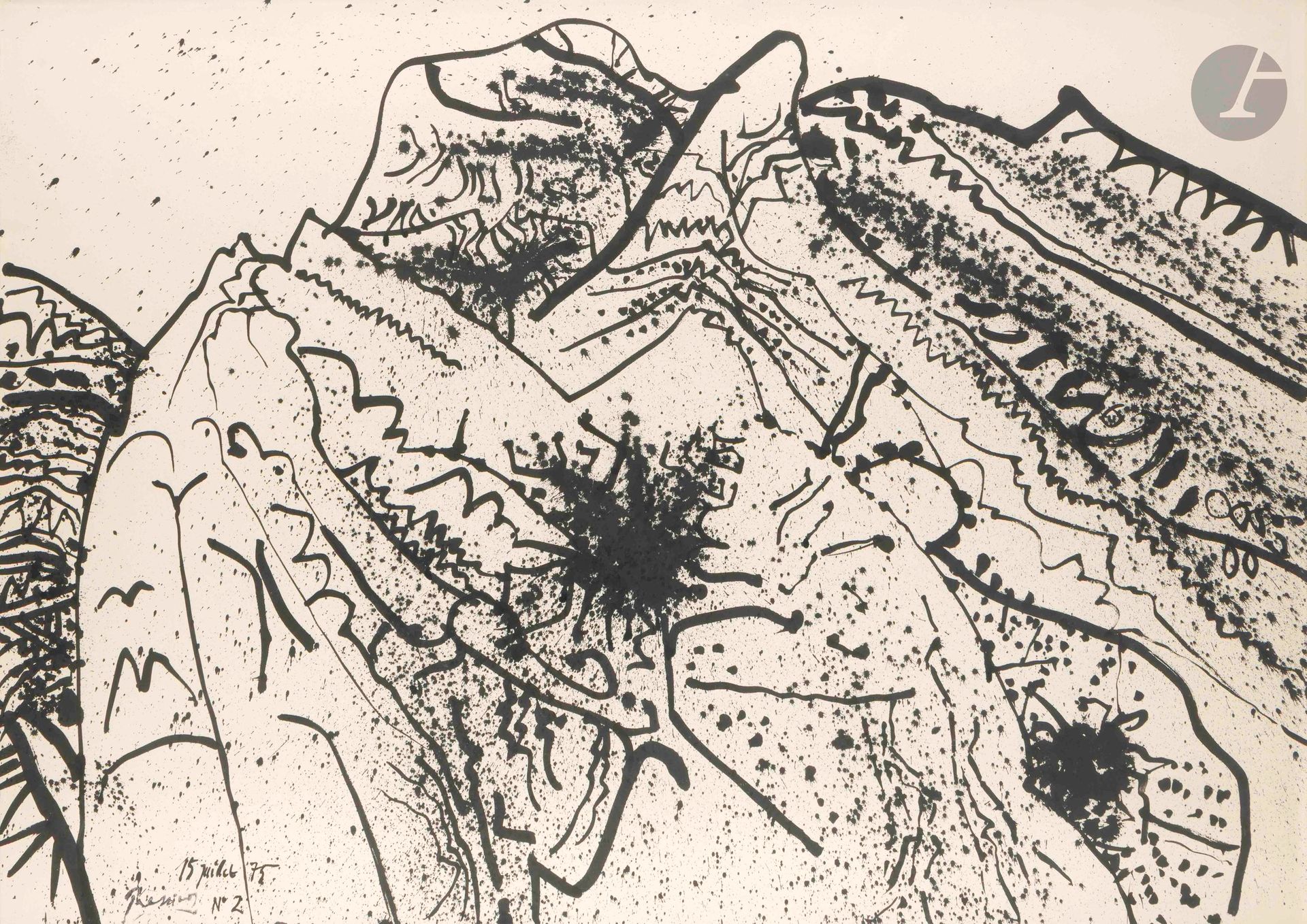Mario PRASSINOS (1916-1985)
Alpilles n° 2, 15 juillet 1975
Encre de Chine sur papier.
Timbre de la signature en bas à gauche.
Datée et numérotée en bas à gauche.
75 x 105 cm

Exposition : 
Ligne de crêtes, Chapelle des Pénitents noirs, Aubagne, 21 novembre 2009 - 21 février 2010.