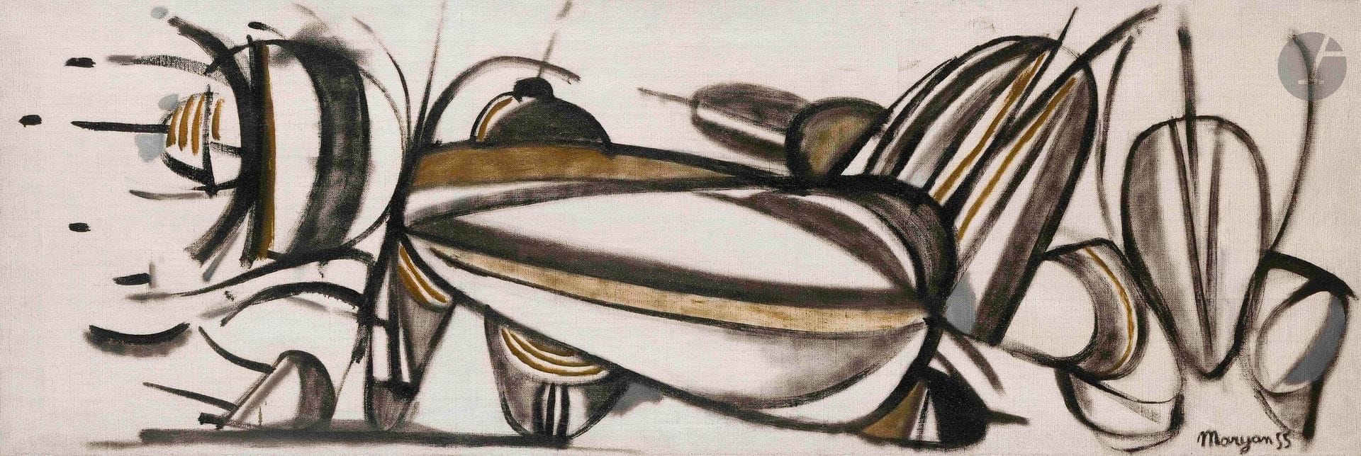 Pinchas Burstein aka Mary MARYAN [Polish] (1927-1977)
Composition, 1955
Oil on canvas.
Signed and dated lower right.
50 x 150 cm

Provenance : 
Galerie Claude Bernard, Paris (label on stretcher).