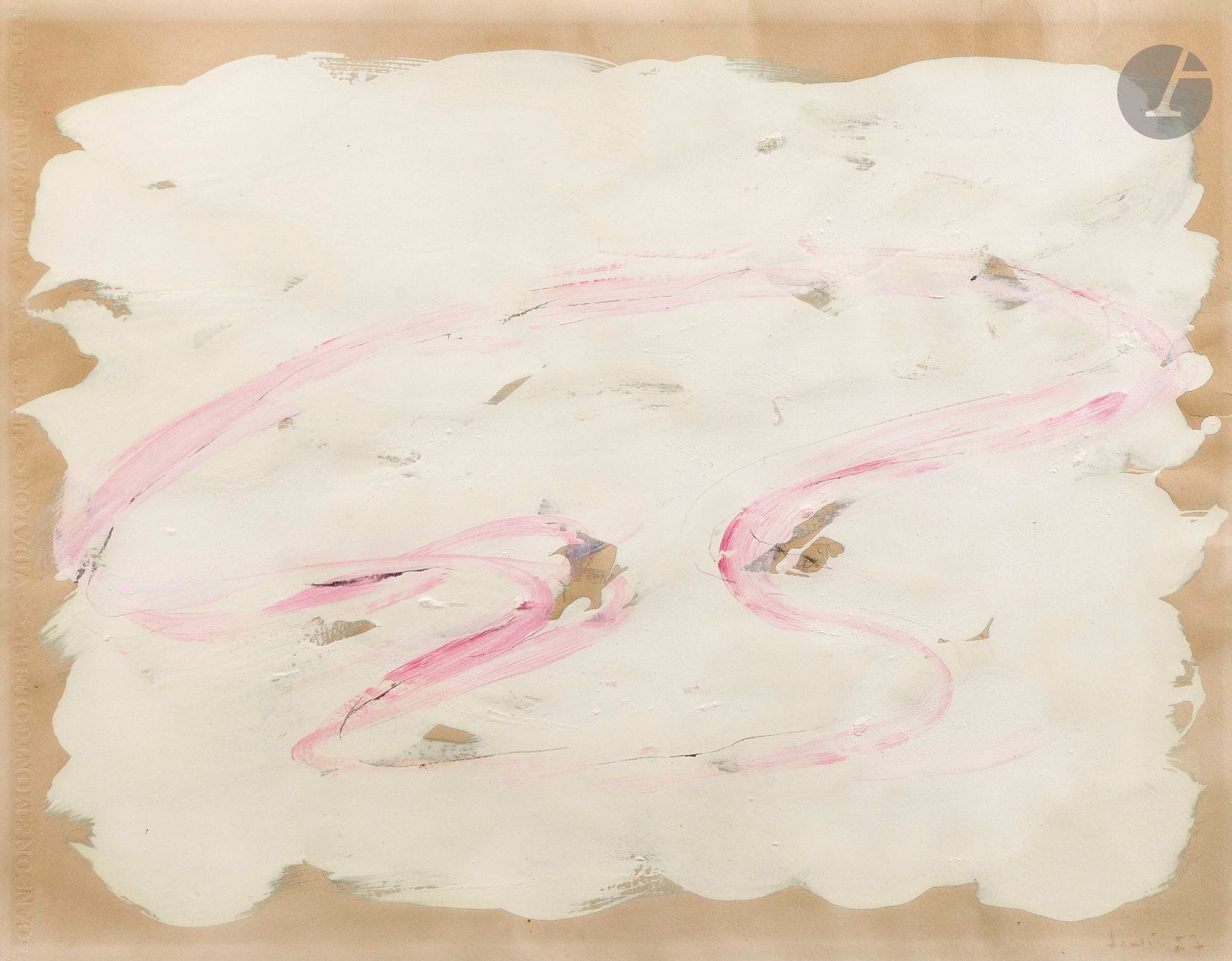 Jean FAUTRIER (1898-1964)
Composition, 1957
Huile et encre sur papier.
Signée et datée en bas à droite.
(Papier insolé).
49 x 64 cm

Provenance : 
- Collection du Docteur Odette Poulain.
- Succession Marie-Pierre Poulain, Paris, sa fille.

Un certificat de Monsieur Dominique Fautrier pourra être remis à la demande et à la charge de l'acquéreur.