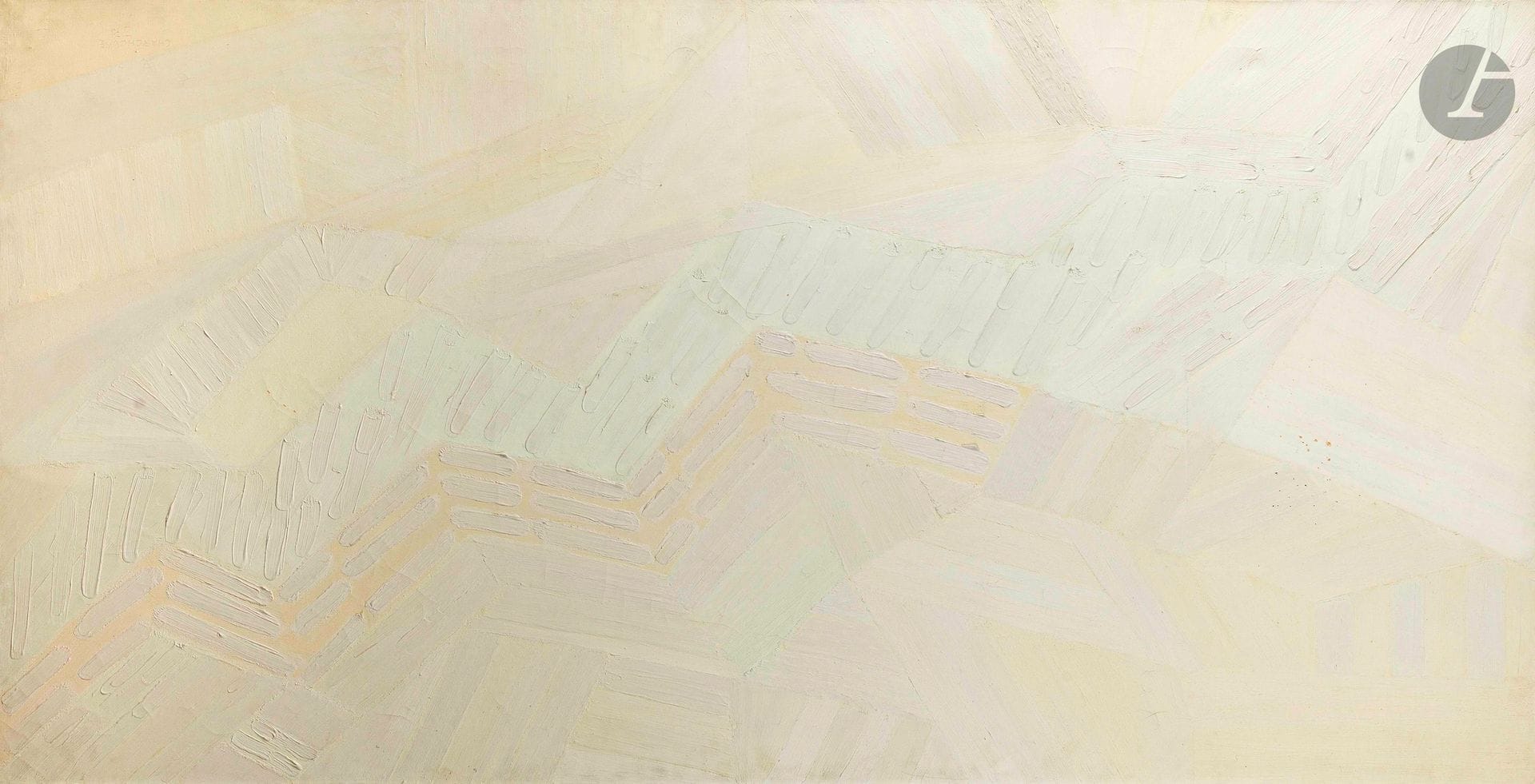 Serge CHARCHOUNE [russe] (1888-1975)
Clavecin n°34, 1970
Huile sur toile.
Signée et datée " III 70 " en bas à droite. 
Signée et datée " III 70 " et titrée au dos.
97 x 195 cm

Provenance :
- Collection Madame Michèlle Chaufour, Paris.
- Collection particulière, Suisse. 

Exposition : 
Salon de Mai, Paris, 1970 (mention manuscrite sur le châssis). 

Bibliographie : 
Pierre Guénégan, Serge Charchoune, 1888-1975 : catalogue raisonné. Tome V. 1961-1975, St Alban, Landwell & Leeds, 2014, n° 1970/009, reproduit p. 230.