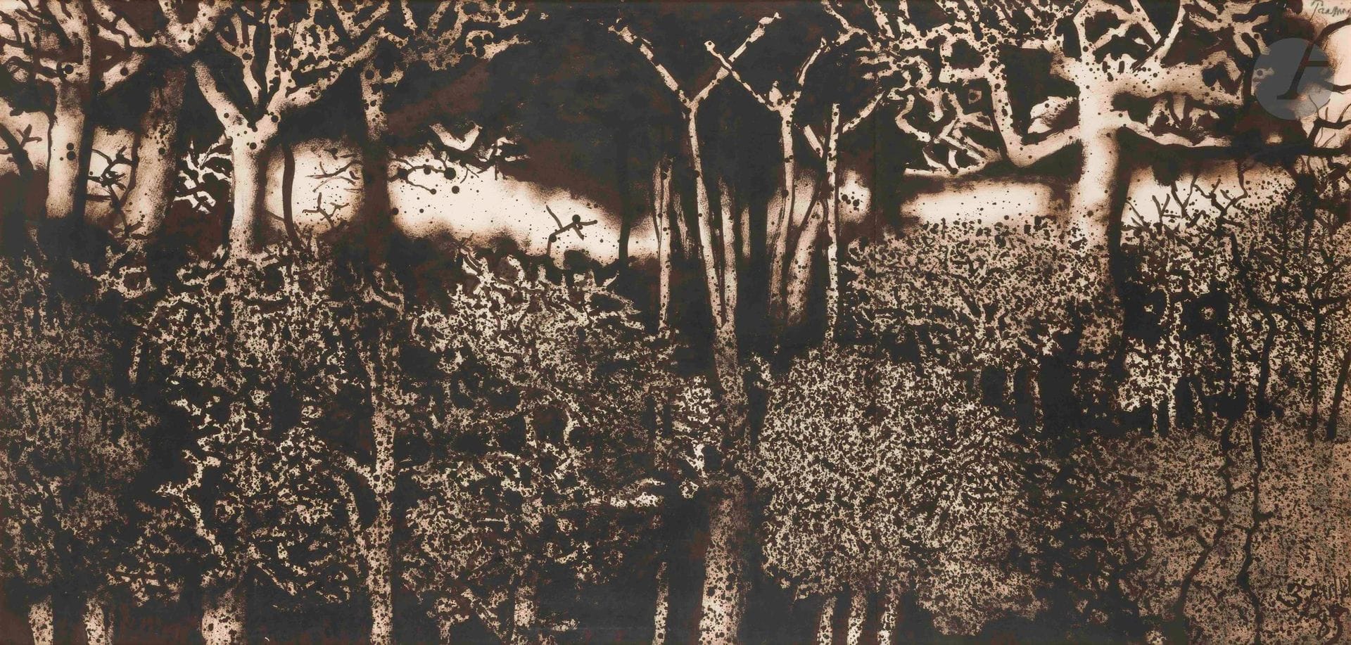 Mario PRASSINOS (1916-1985)
Étude pour la peinture du supplice,  12 août 1985
Huile sur 2 papiers.
Signée en haut à droite.
Datée en bas à droite.
56 x 117 cm