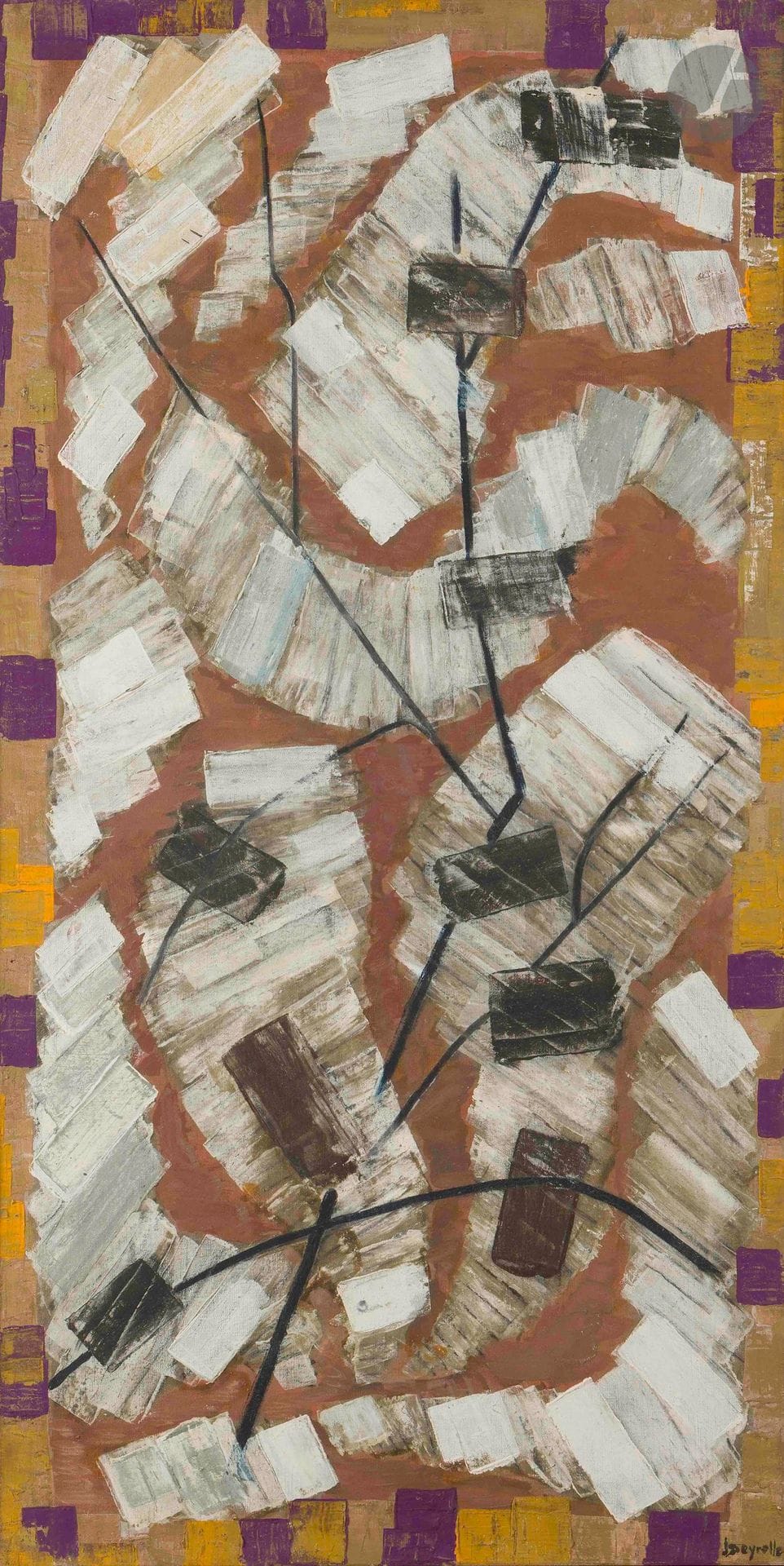 Jean DEYROLLE (1911-1967)
Gonzague, 1959
Tempera sur toile.
Signée en bas à droite.
Signée, titrée et numérotée " 613 " au dos.
120 x 60 cm

Provenance :
Famille de l'artiste.

Expositions : 
- Kunsternes Kunsthandel, Copenhague, 1960, n° 19.
- Maison de la Culture, La Rochelle, 1969, n° 6.
- Maison de la Culture, Rennes, 1969, n° 6.
- Galerie Cavalero, Cannes, 1971.
- Galerie Stebler, Genève, 1972, n° 19. 

Bibliographie : 
Georges Richar-Rivier, Jean Deyrolle : Catalogue Raisonné : œuvre peint 1944-1967, Paris, Éditions Cercle d'Art, 1992, n° 59.28 (opus 613), reproduit p. 208.