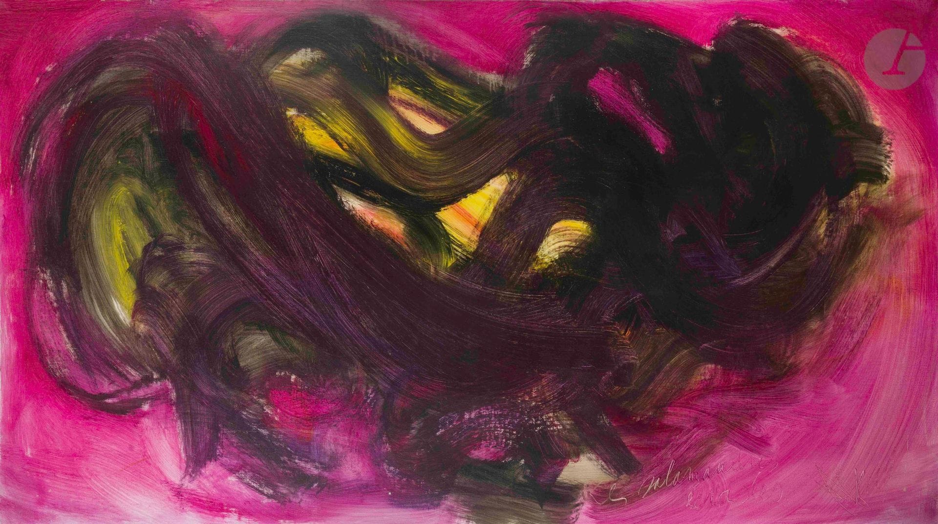 Jean MESSAGIER (1920-1999)
Les Salamandres écrasées, 1968
Huile sur toile.
Signée et titrée en bas à droite.
105 x 182 cm

Provenance :
Galerie Guillon-Laffaille, Paris.

Nous remercions Monsieur Elie Messagier de nous avoir confirmé l'authenticité de cette œuvre.