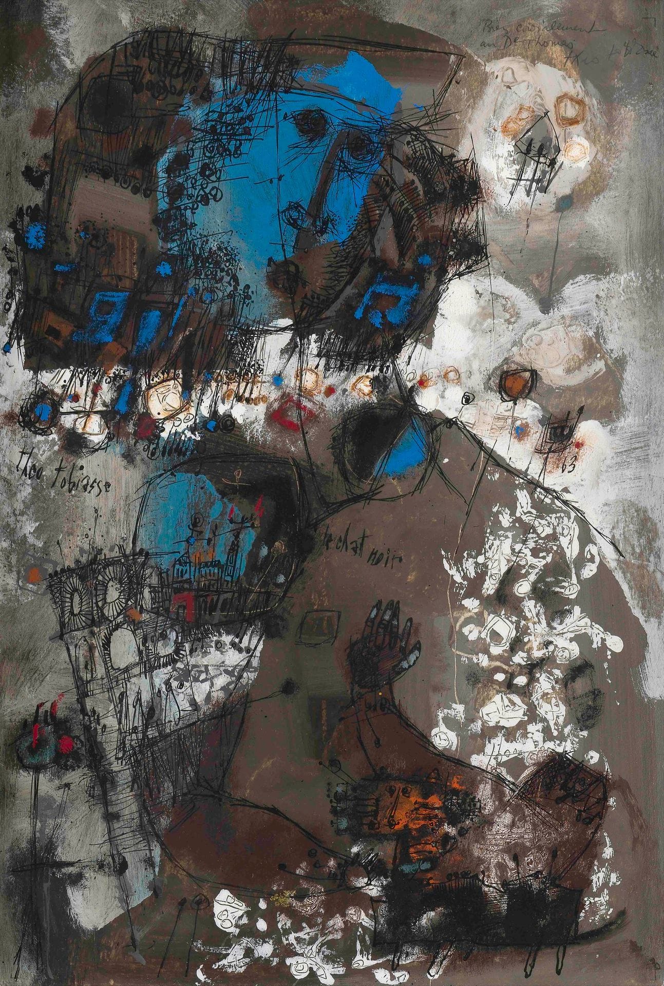 Théo TOBIASSE (1927-2012)
Le Chat noir, 1963
Gouache et encre sur carton.
Signée, datée et titrée dans la composition.
Dédicacée en haut à droite : " Bien cordialement/Dr Thomas/Théo Tobiasse ".
46 x 31 cm

Provenance : 
Collection particulière, Luxembourg.

Cette œuvre figurera à l'additif du Catalogue Raisonné de l'œuvre peint de Théo Tobiasse. Nous remercions Madame Catherine Faust-Tobiasse de nous avoir confirmé l'authenticité de cette œuvre.