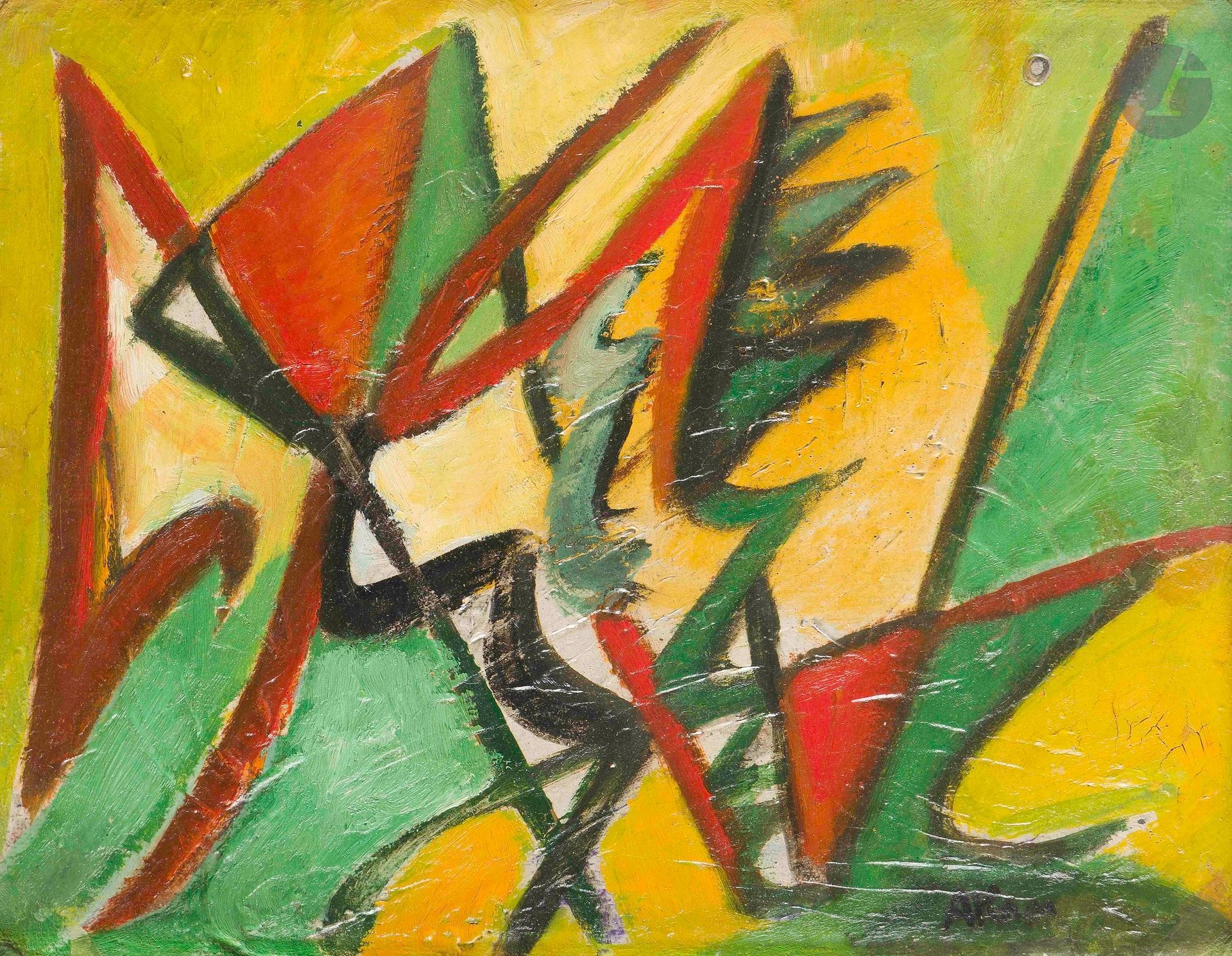 Jean-Michel ATLAN (1913-1960)
Untitled, 1945
Oil on cardboard.
Signed lower right.
27 x 35 cm
(Restorations and craquelures).

Provenance : 
- Artist's studio.
- Camille Atlan and Jacques Polieri Collection.

Bibliography: 
Jacques Polieri, Atlan, Catalogue raisonné de l'œuvre complète, Paris, Gallimard, 1996, no. 27, reproduced on p. 170.