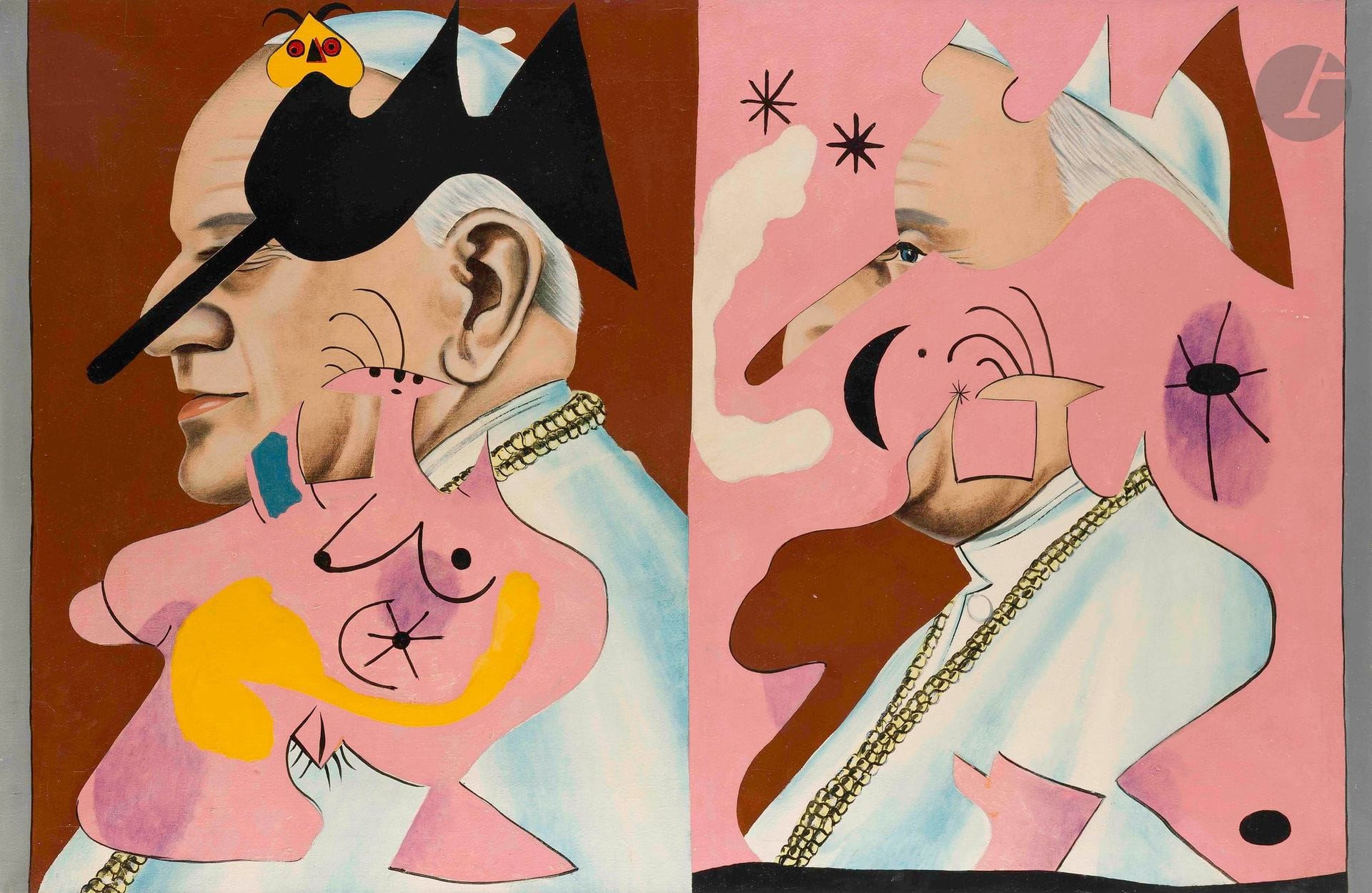 Guðmundur Guðmundsson, known as ERRÓ [Icelandic] (b. 1932)
Papa Miró - Pop-Art series, 1965
Oil on canvas.
Signed and dated twice on the back.
65 x 100 cm

Bibliography : 
Erró: catalogo generale, Milan, Pre-art, 1976, reproduced on p. 119.