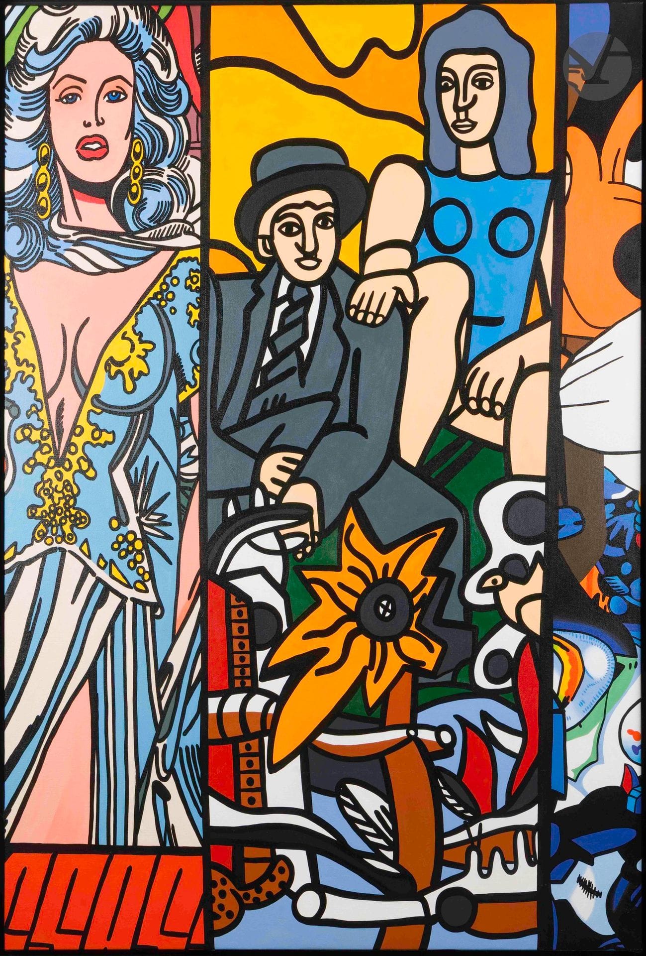 Guðmundur Guðmundsson, known as ERRÓ [Icelandic] (b. 1932)
Wonder Woman - Fernand Léger - Mickey, 2005
Acrylic on canvas.
Signed and dated on the back.
144 x 107 cm

A certificate of authenticity from the artist will be given to the buyer.